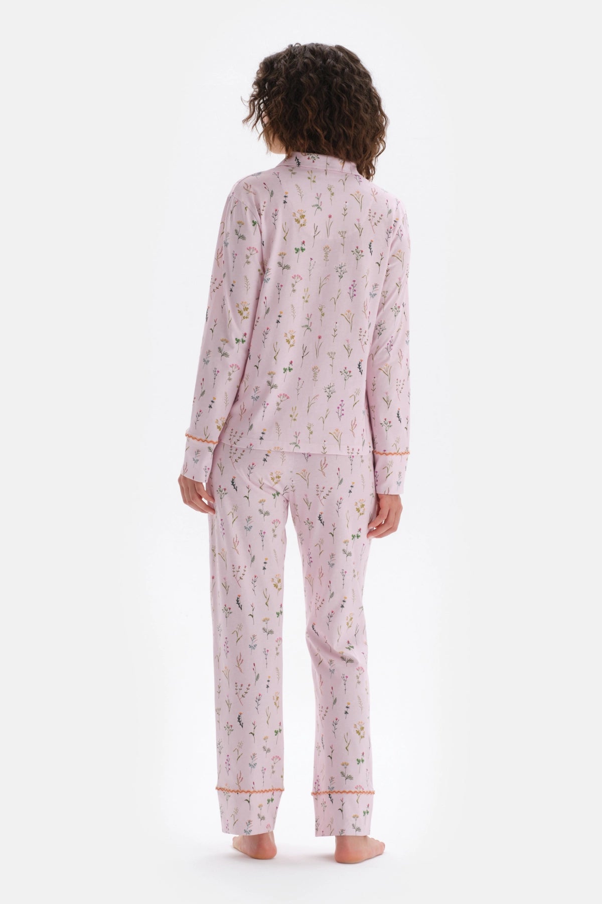 Açık Pembe Minik Çiçek Baskılı Gömlek Pantolon Pijama Takımı