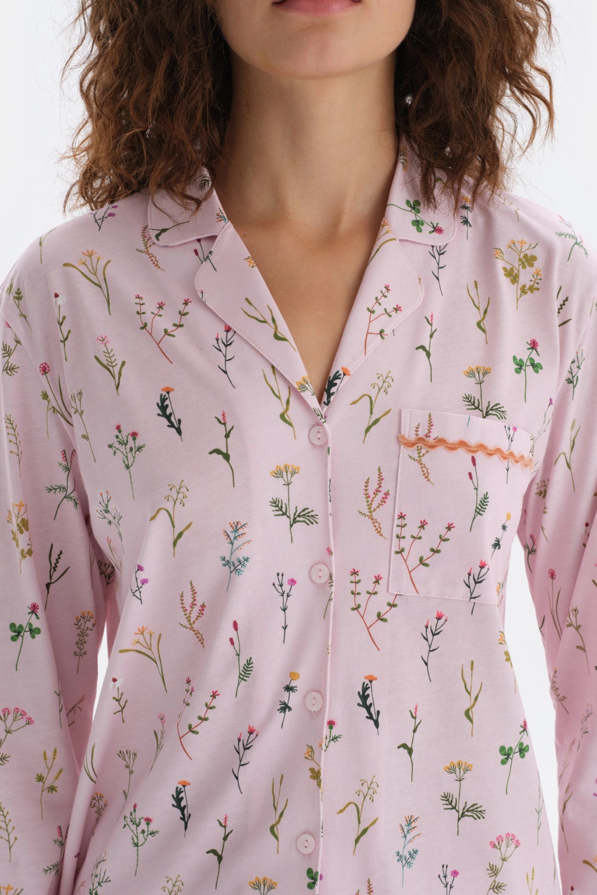 Açık Pembe Minik Çiçek Baskılı Gömlek Pantolon Pijama Takımı