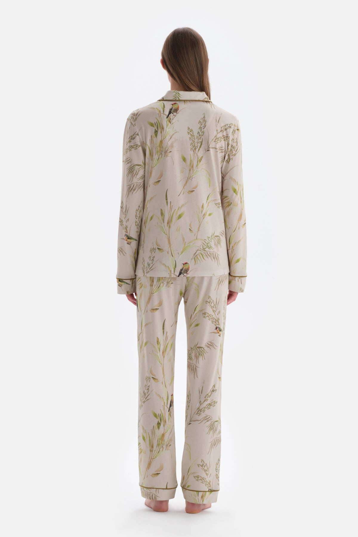 Ekru Metraj Baskılı Paça Bant Detaylı Gömlek Pantolon Pijama Takımı