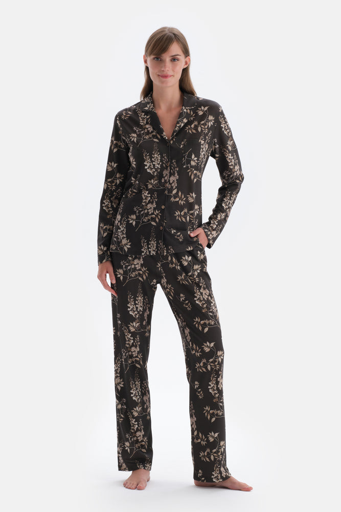 Koyu Kahve Metraj Baskılı Gömlek Pantolon Pijama Takımı