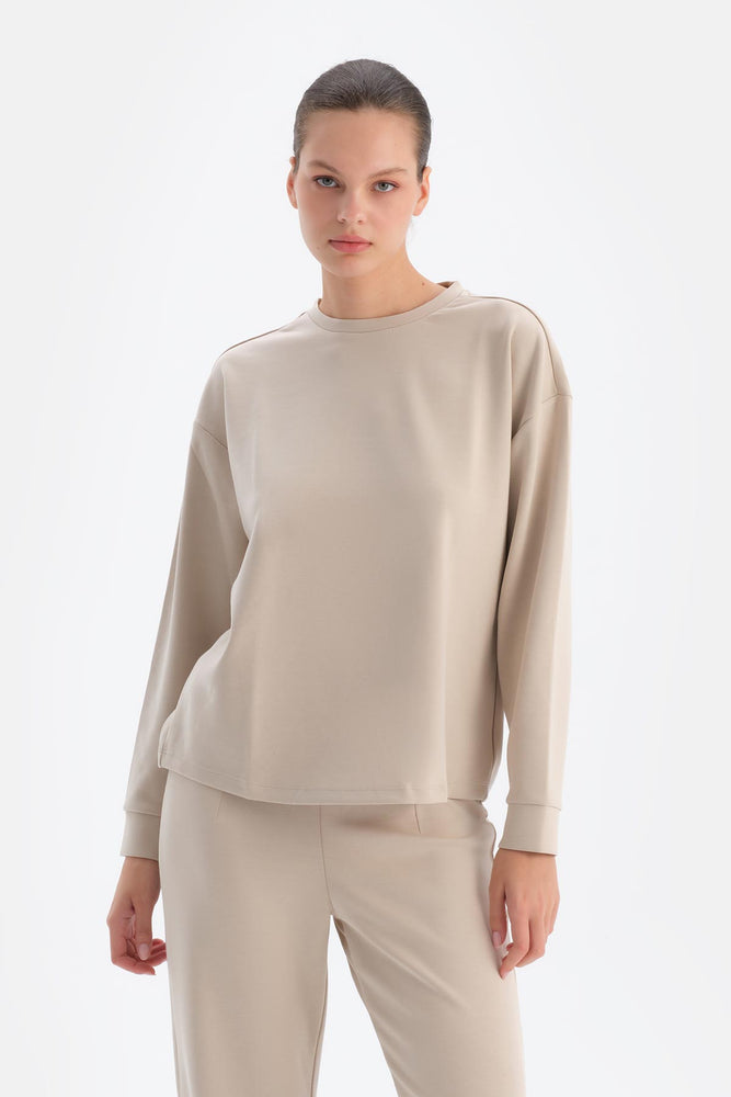 Krem Basıc Modal Sweatshırt