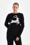 Siyah Geyik Baskılı Polar Sweatshırt