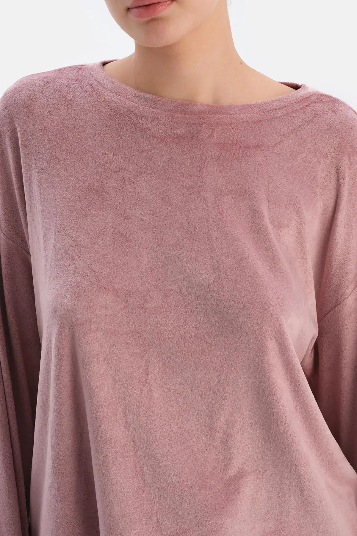 Gül Kurusu Uzun Kollu Bisiklet Yaka Kadife Pijama Takımı