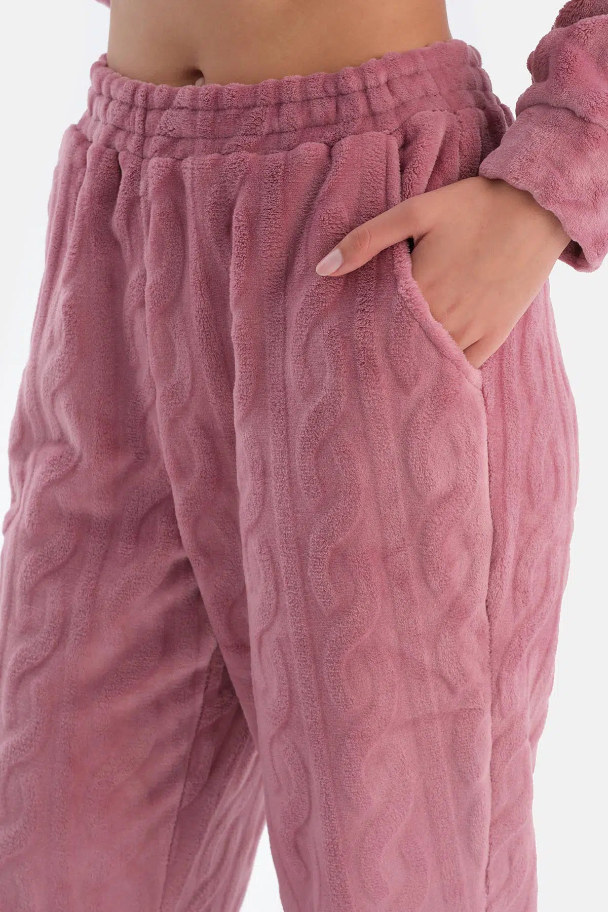 Gül Kurusu Örgü Detaylı Uzun Kollu Pijama Takımı