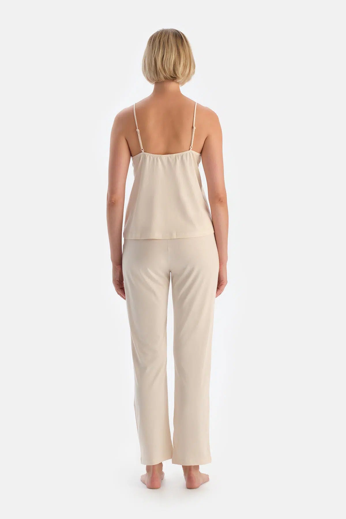 Ekru Ince Askılı Saten Garnili Modal Pijama Takımı