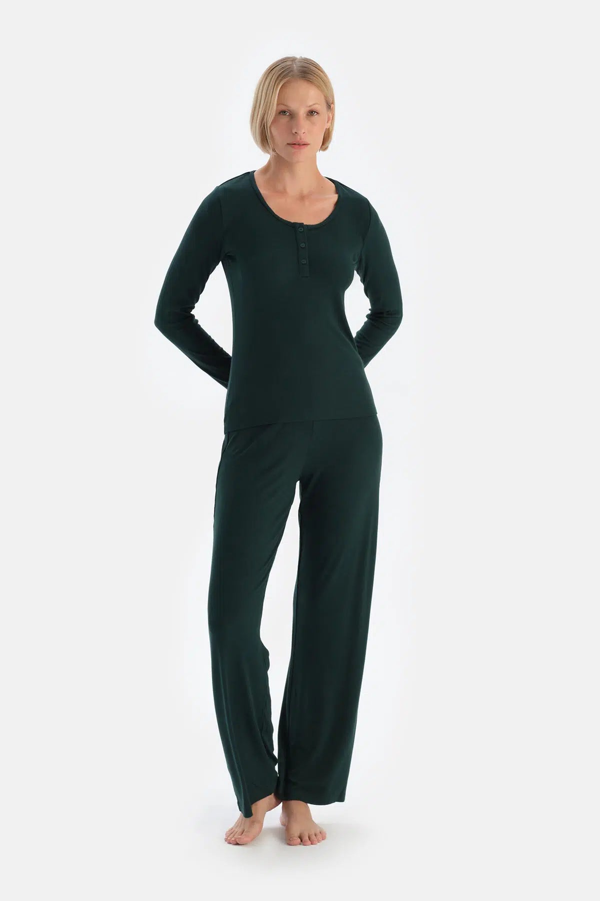 Koyu Yeşil Uzun Kollu Viskon Kaşkorse Pijama Takımı