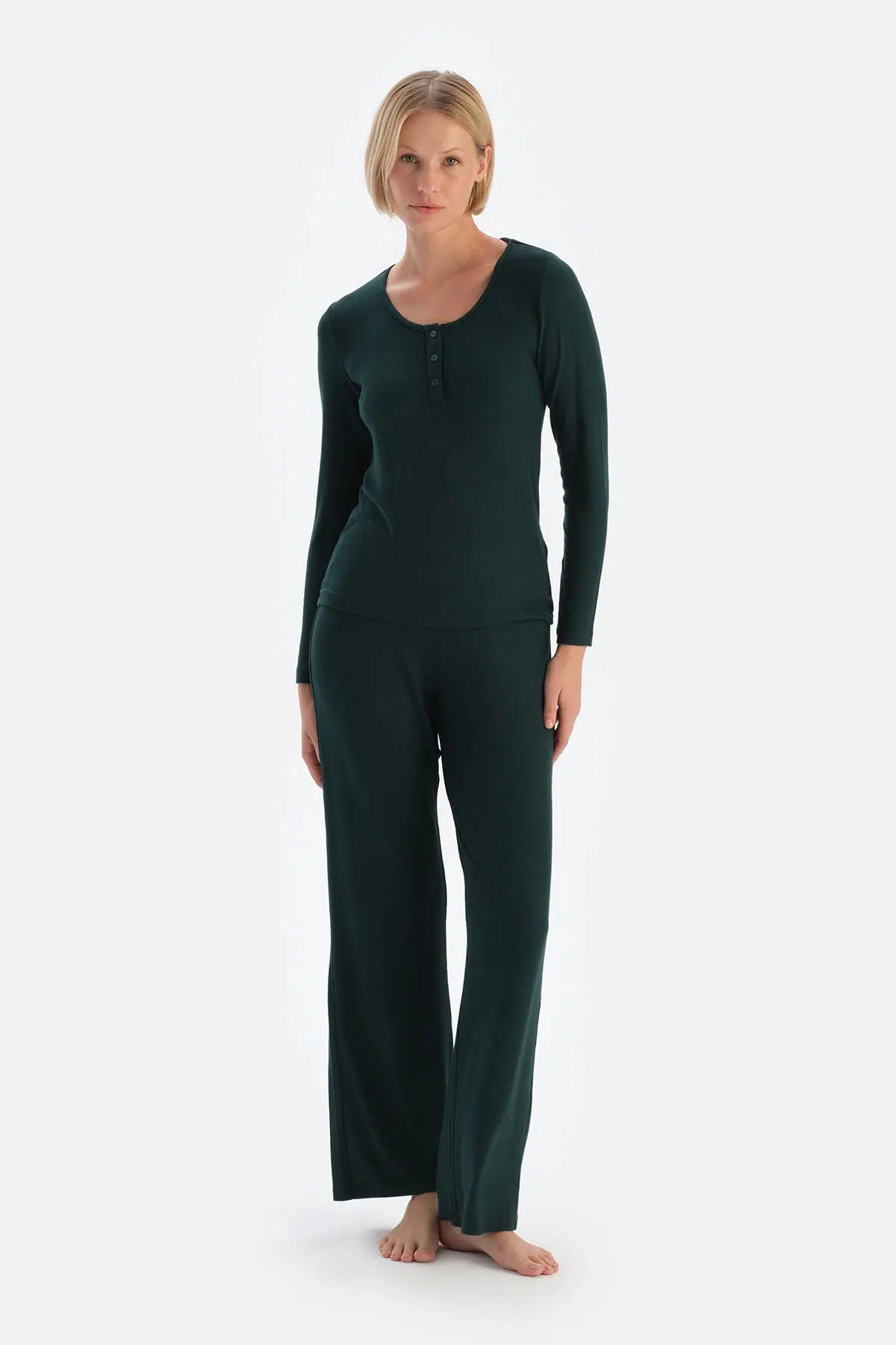 Koyu Yeşil Uzun Kollu Viskon Kaşkorse Pijama Takımı