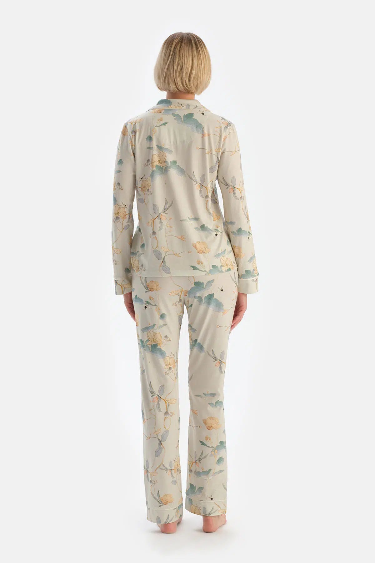 Mint Yeşili Çiçek Desenli Gömlek Pantolon Pijama Takımı