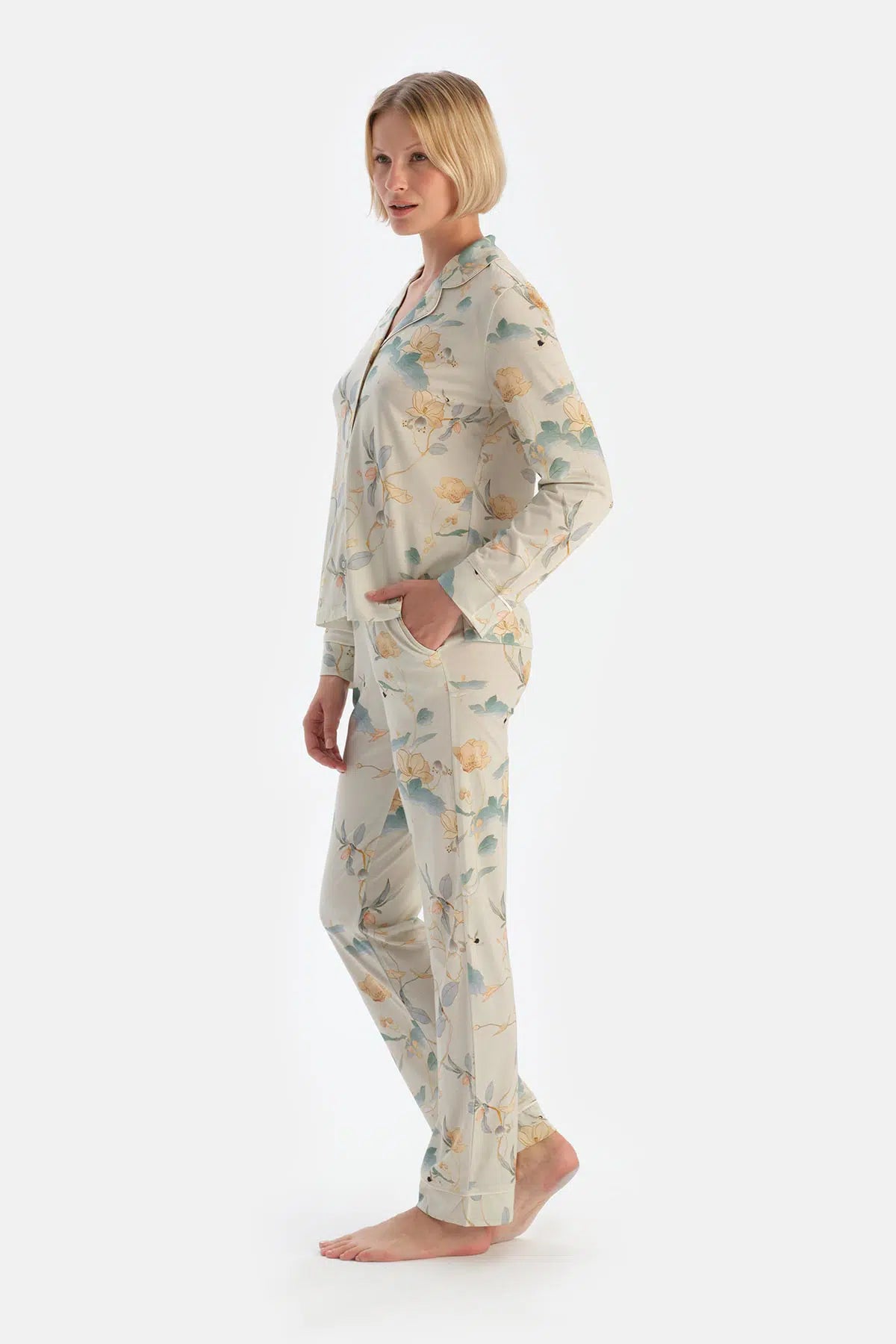 Mint Yeşili Çiçek Desenli Gömlek Pantolon Pijama Takımı