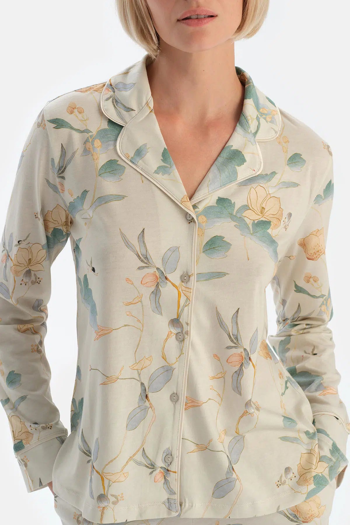 Mint Yeşili Çiçek Desenli Gömlek Pantolon Pijama Takımı