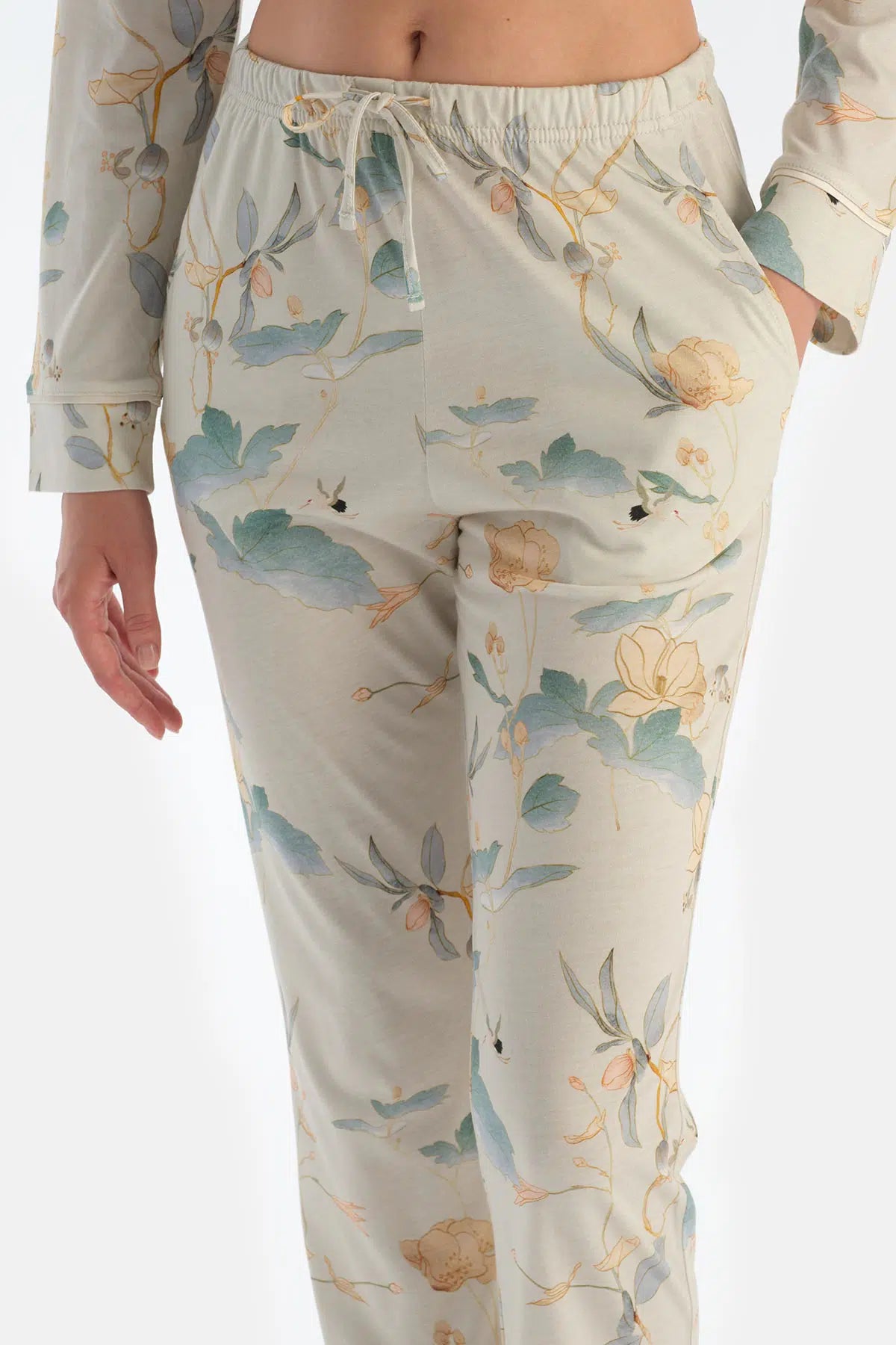 Mint Yeşili Çiçek Desenli Gömlek Pantolon Pijama Takımı