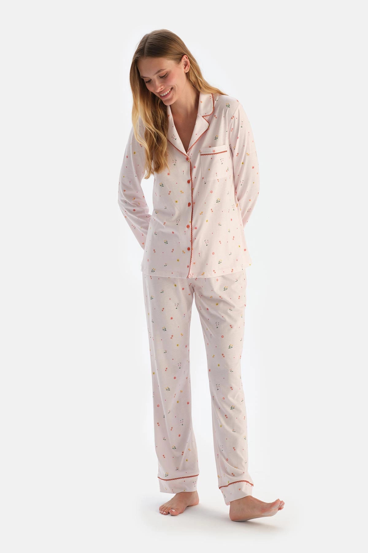 Ekru Baskılı Gömlek Pantolon Pijama Takımı