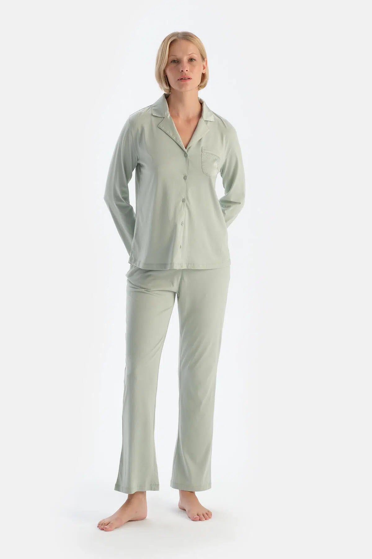 Mint Yeşili Saten Garnili Modal Pijama Takımı