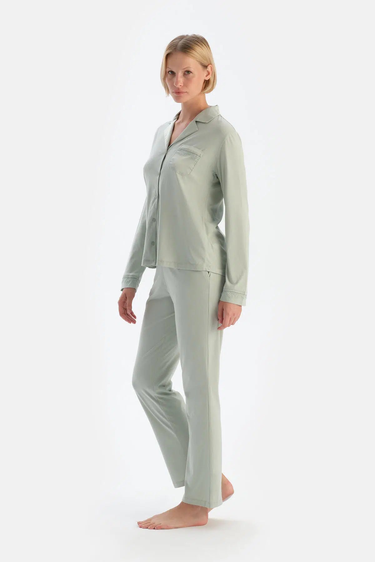 Mint Yeşili Saten Garnili Modal Pijama Takımı