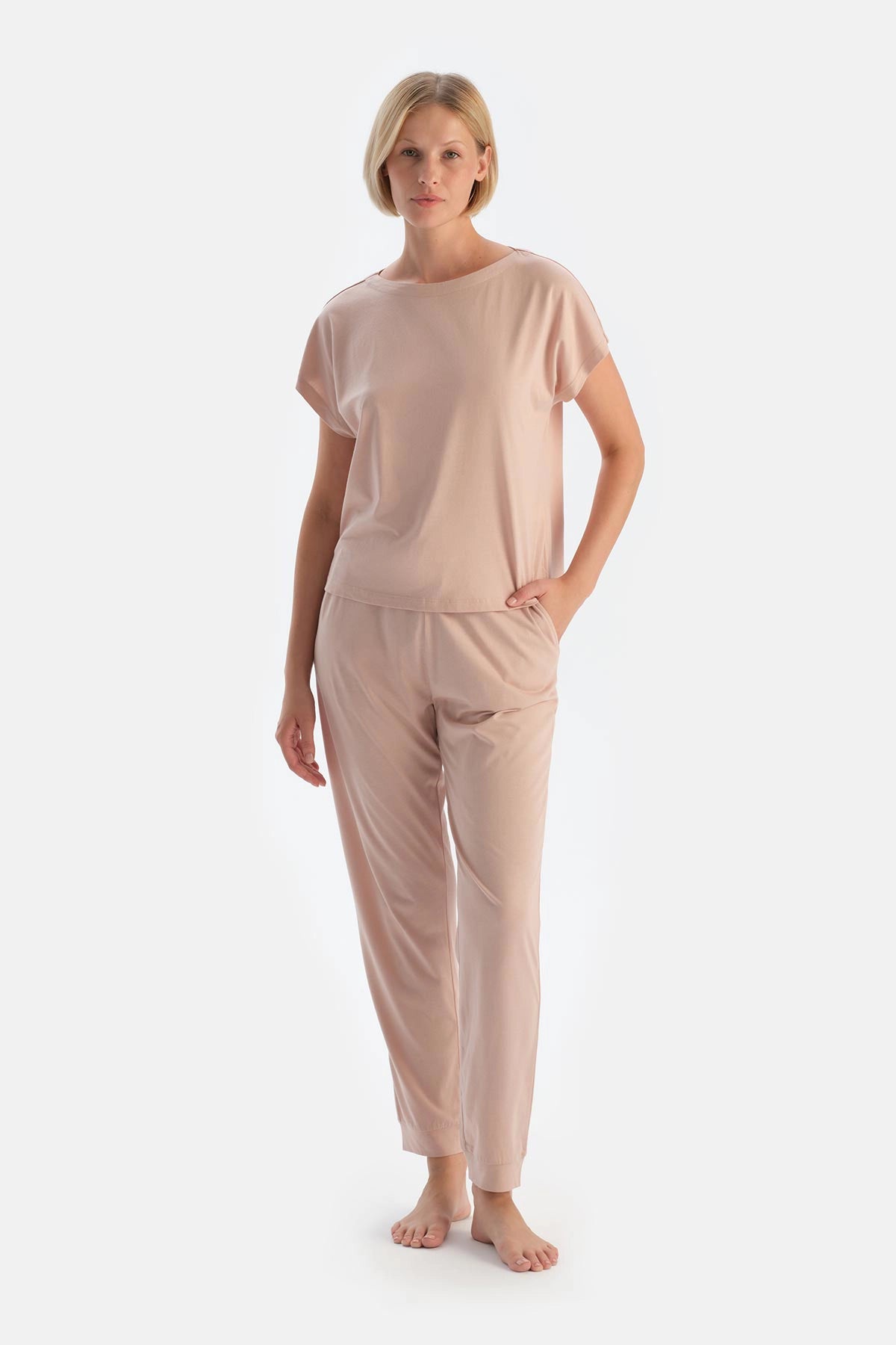 Pudra Düşük Kollu Penye Modal Pijama Takımı