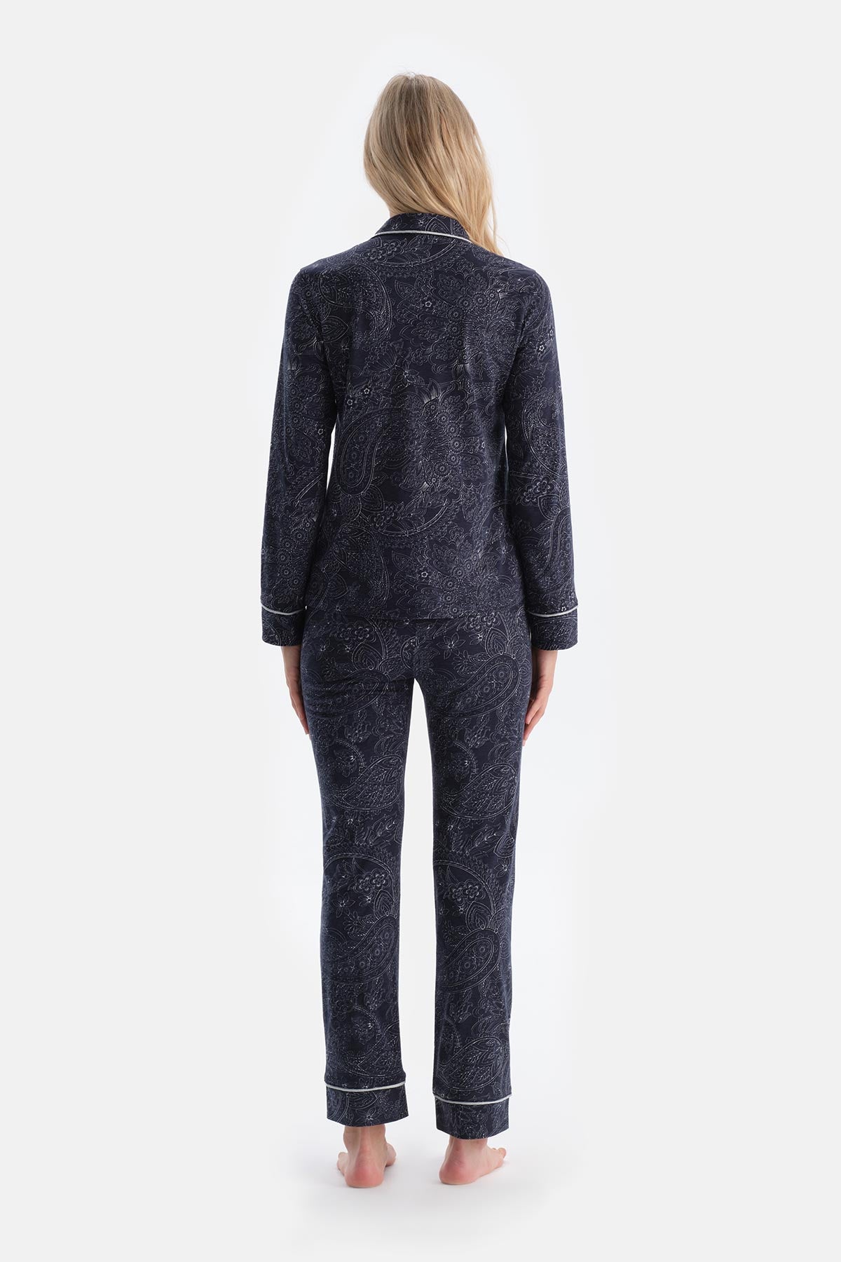 Lacivert Şal Desenli Penye Modal Gömlek Yaka Pijama Takımı