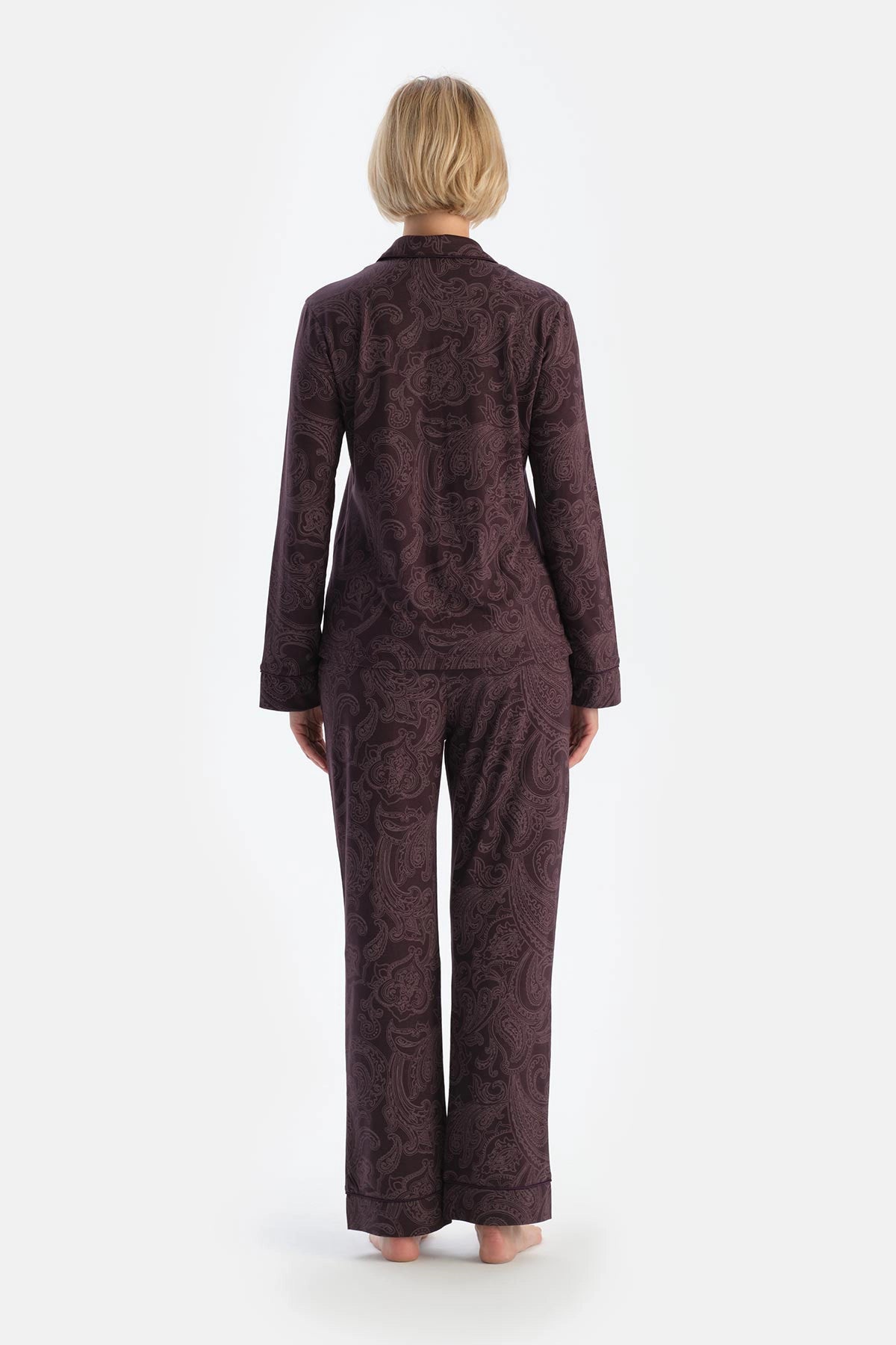 Mürdüm Şal Desenli Penye Modal Pijama Takımı