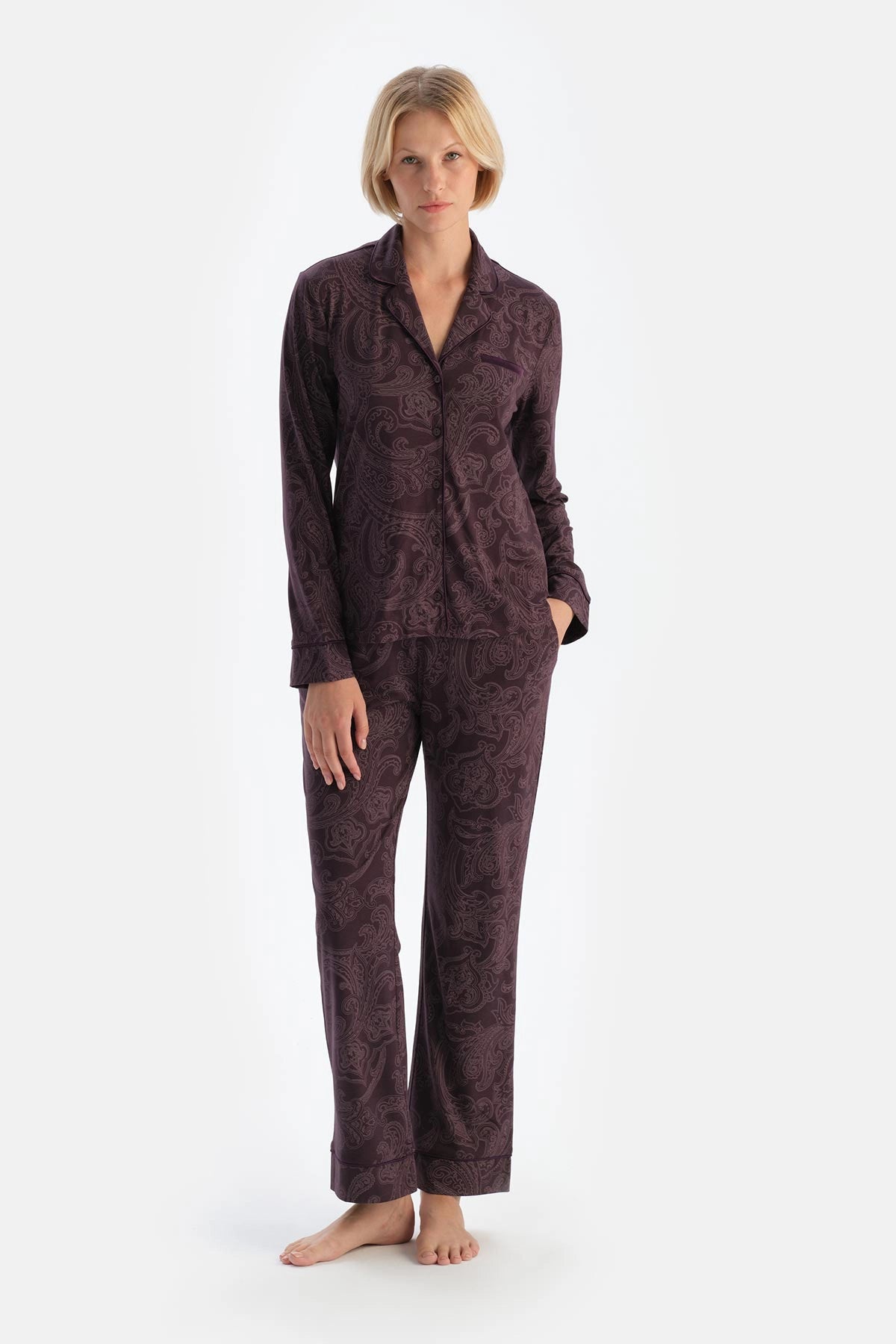 Mürdüm Şal Desenli Penye Modal Pijama Takımı