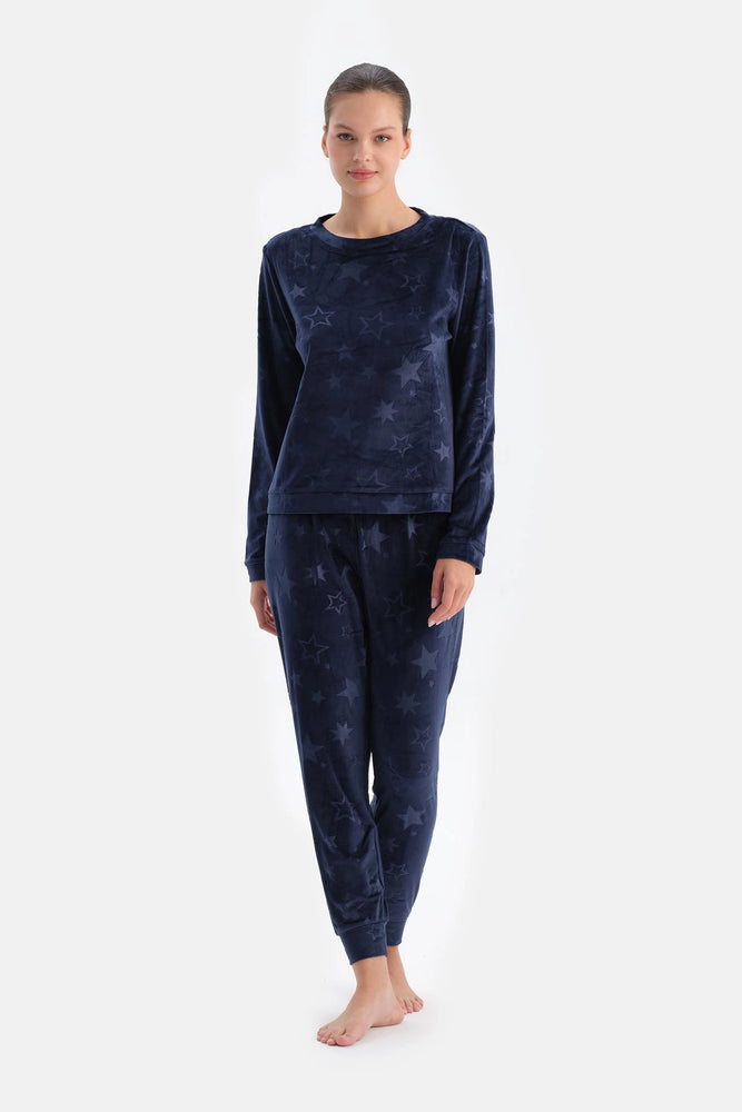 Lacivert Gofre Yıldız Baskılı Tişört Pantolon Pijama Takımı