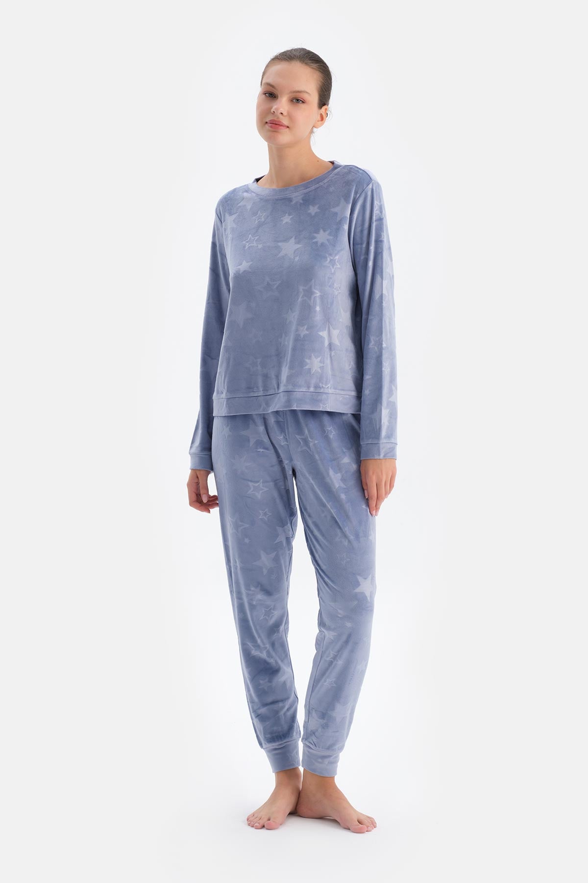 Mavi Gofre Yıldız Baskılı Tişört Pantolon Pijama Takımı