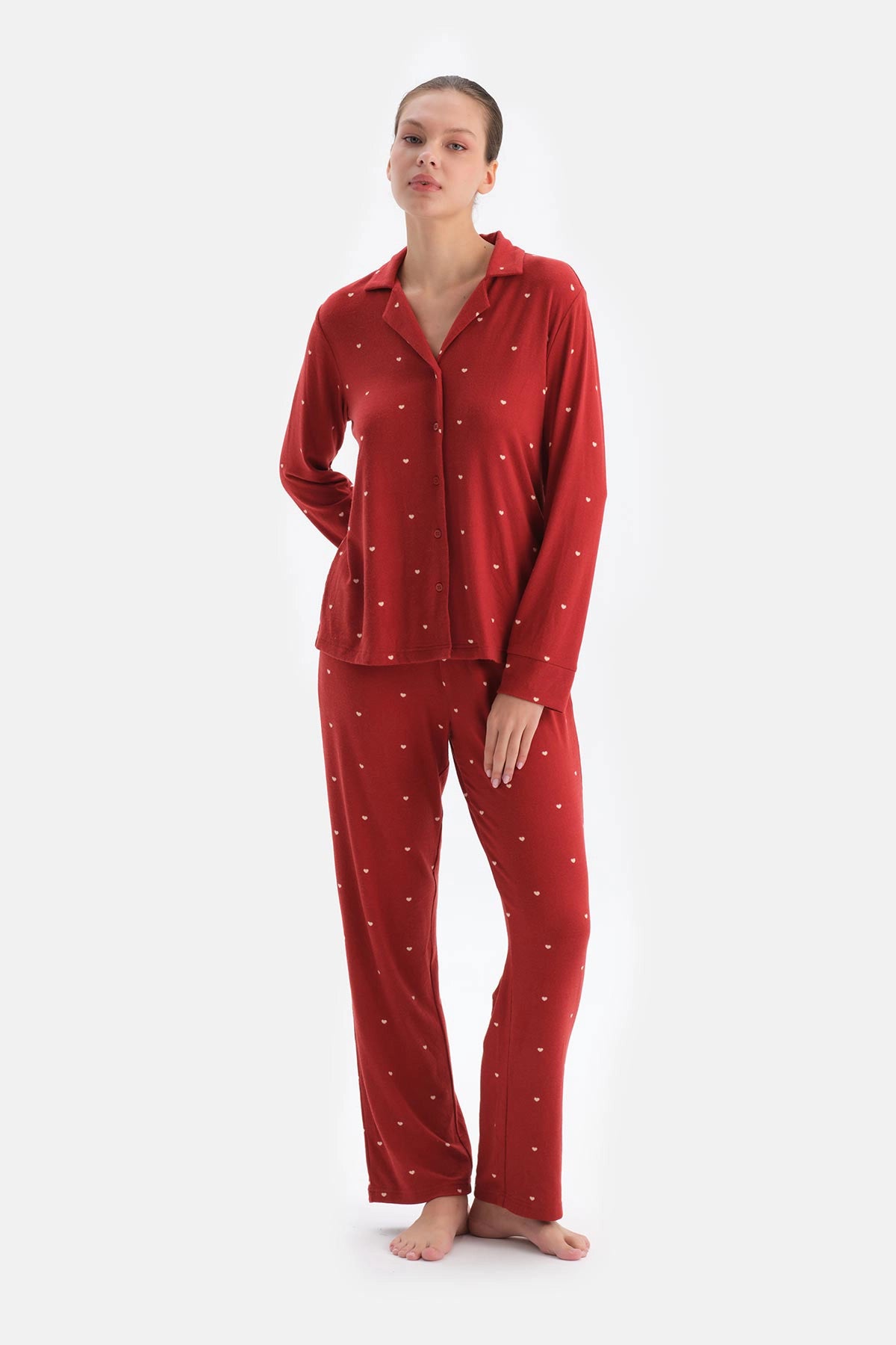 Kırmızı Kalpli Gömlek Yaka Termal Pijama Takımı
