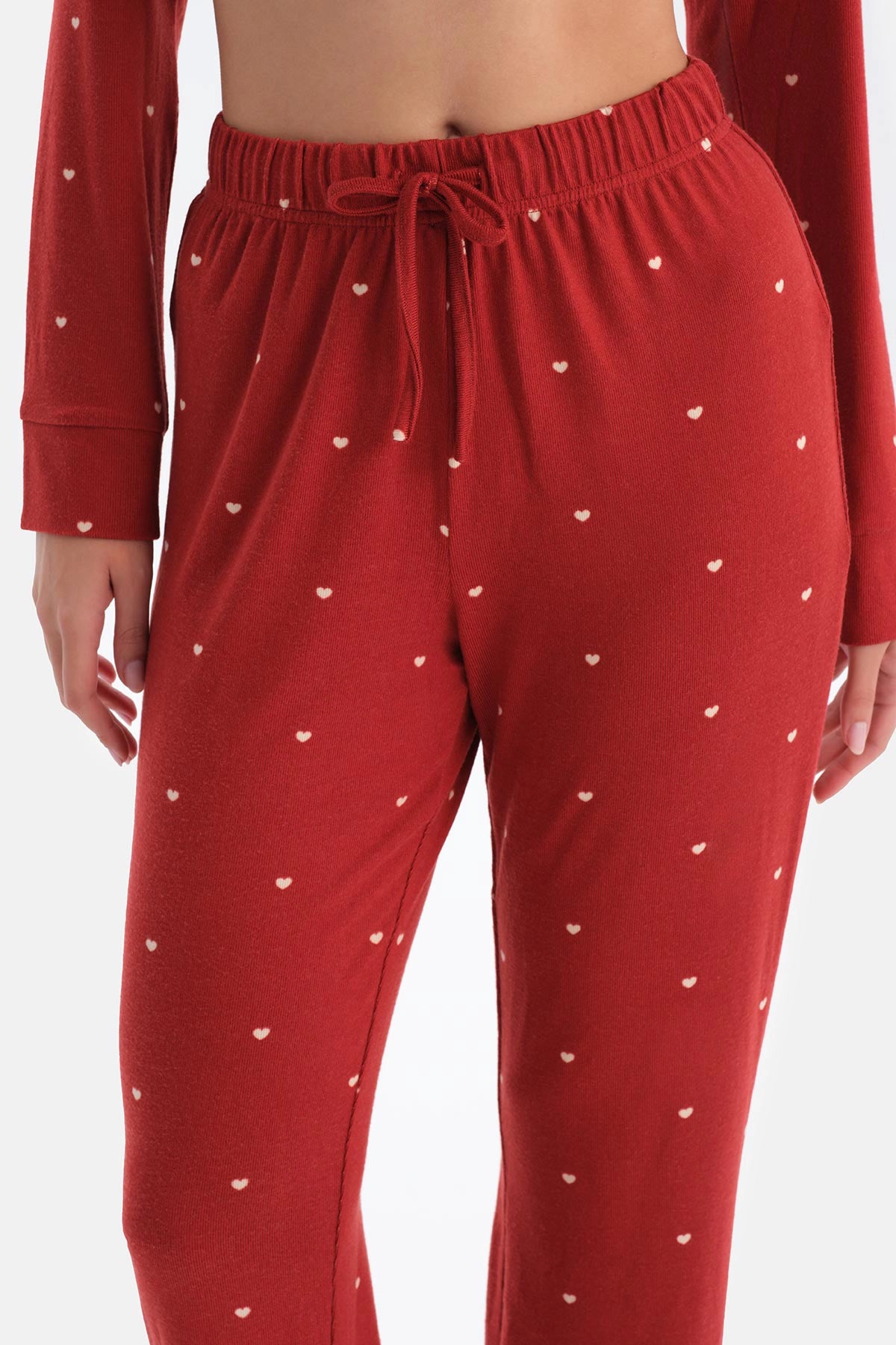 Kırmızı Kalpli Gömlek Yaka Termal Pijama Takımı