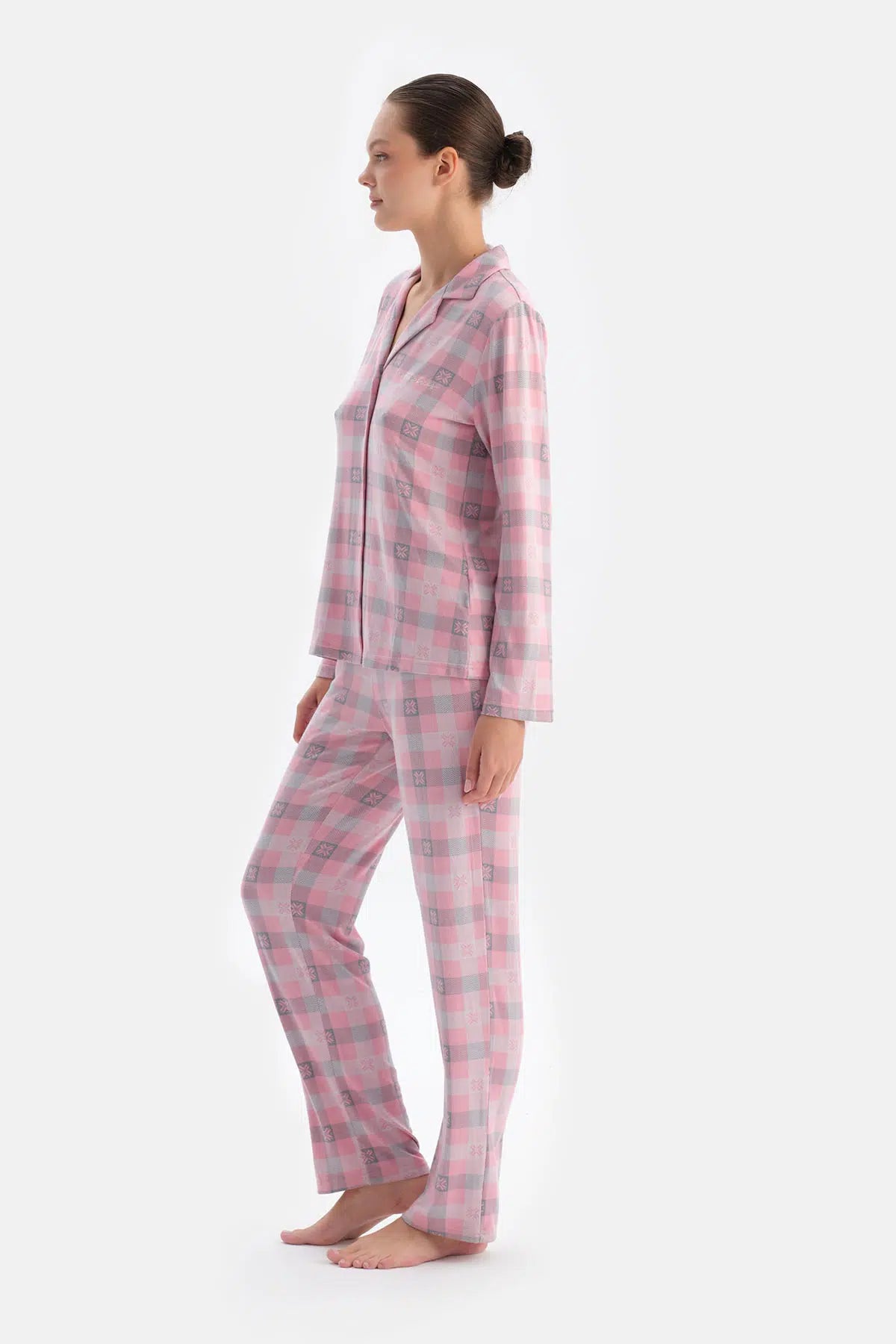 Soft Pembe Soft Ekoseli Termal Gömlek Pantolon Pijama Takımı