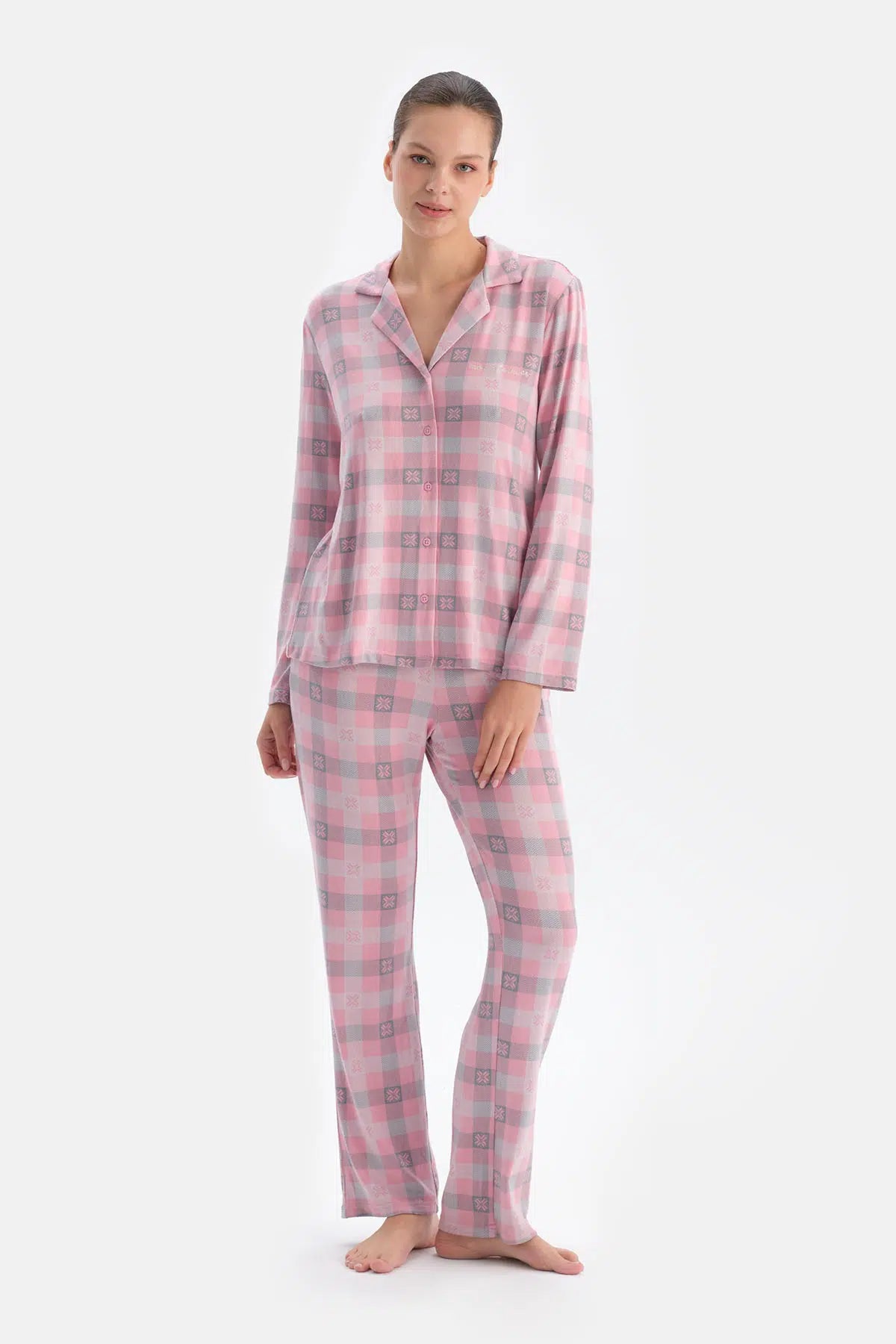 Soft Pembe Soft Ekoseli Termal Gömlek Pantolon Pijama Takımı