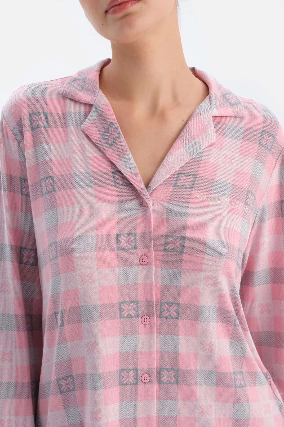 Soft Pembe Soft Ekoseli Termal Gömlek Pantolon Pijama Takımı