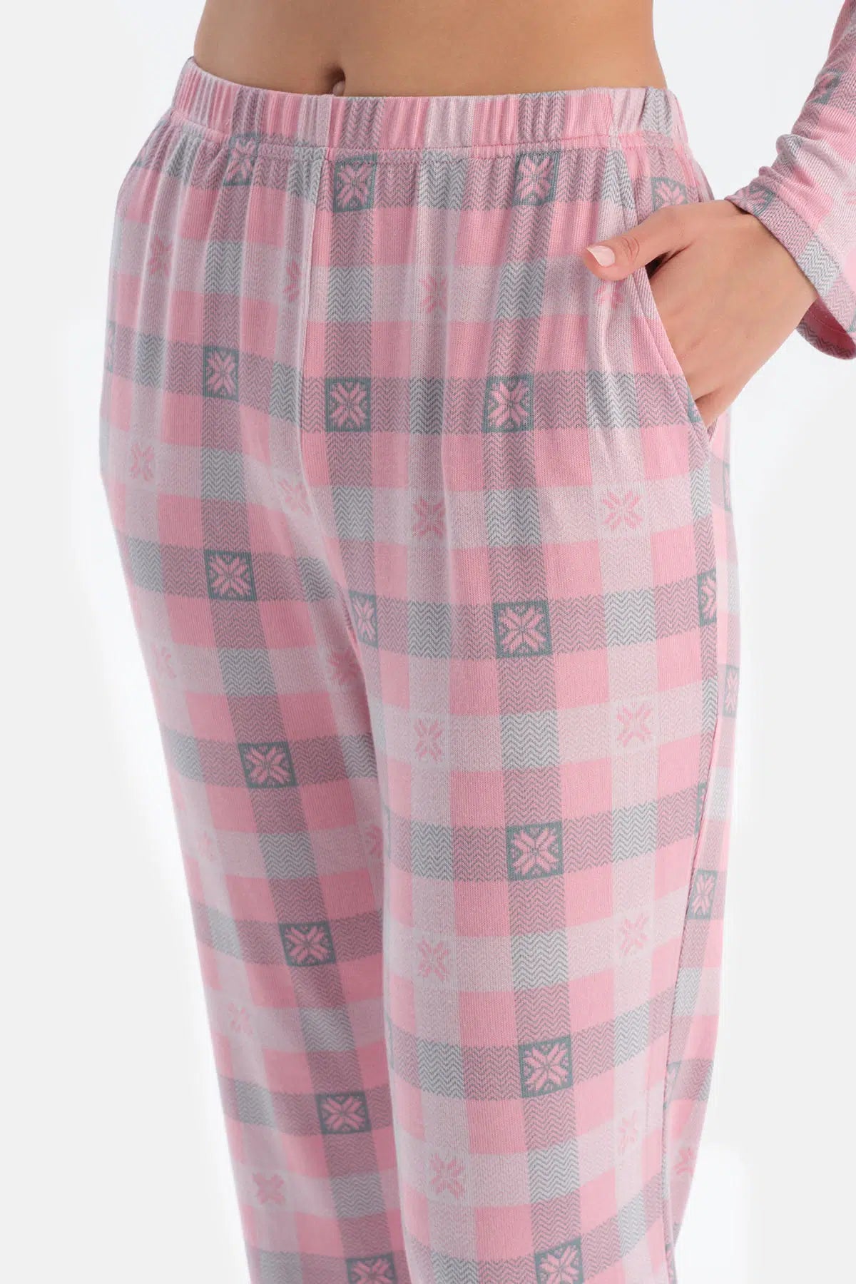 Soft Pembe Soft Ekoseli Termal Gömlek Pantolon Pijama Takımı