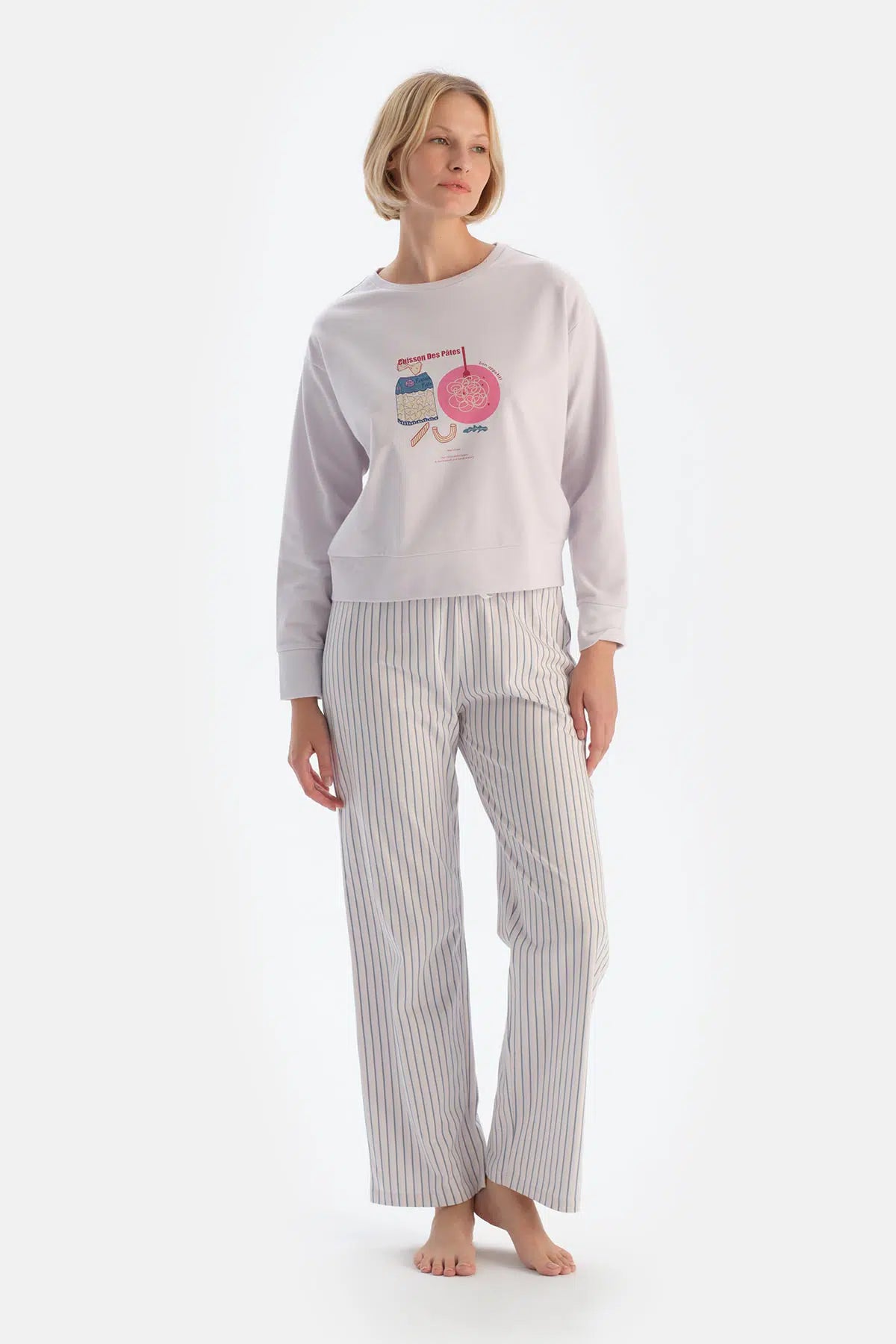 Açık Lila Baskı Detaylı Uzun Kollu Pijama Takımı