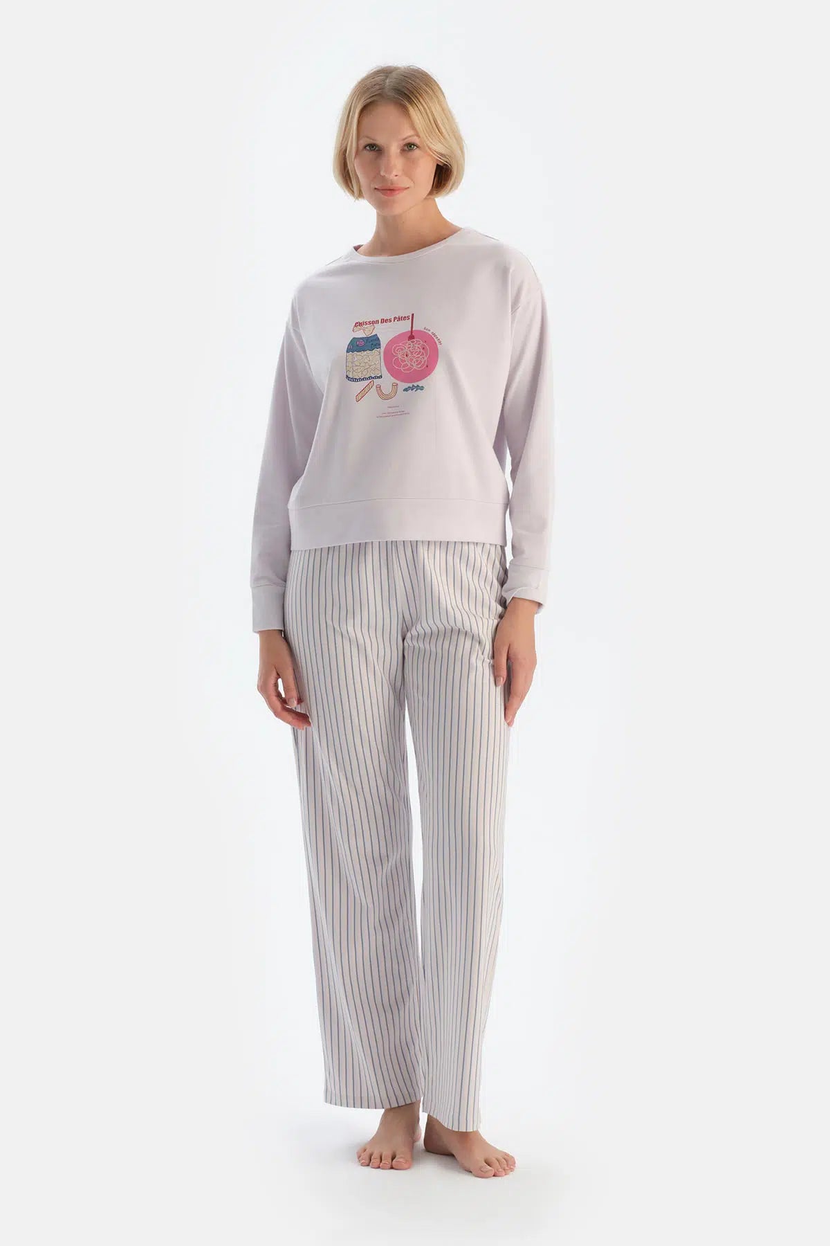 Açık Lila Baskı Detaylı Uzun Kollu Pijama Takımı