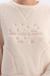 Ekru Nakışlı Polar Sweatshırtlü Pantolon Pijama Takımı