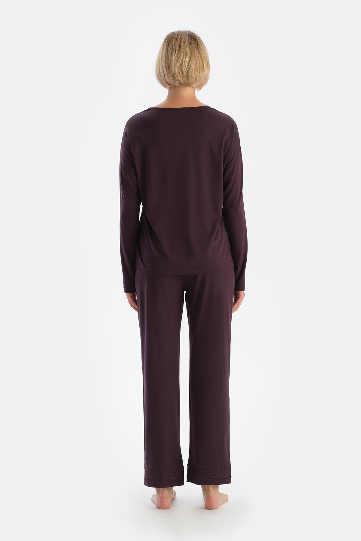 Mürdüm Kayık Yaka Dantel Detaylı Penye Modal Pijama Takımı