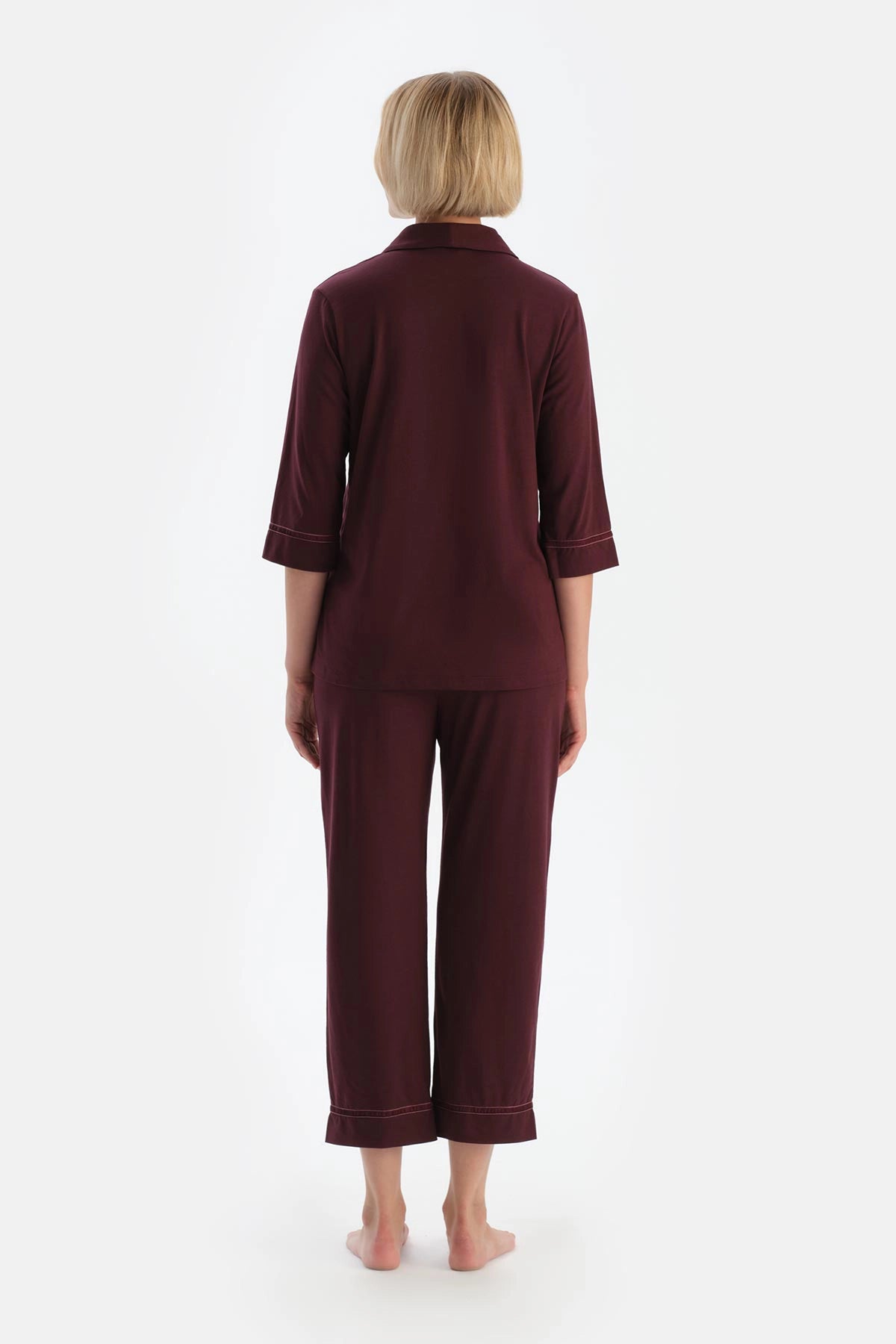 Bordo Biye Detaylı Cepli Penye Modal Pijama Takımı