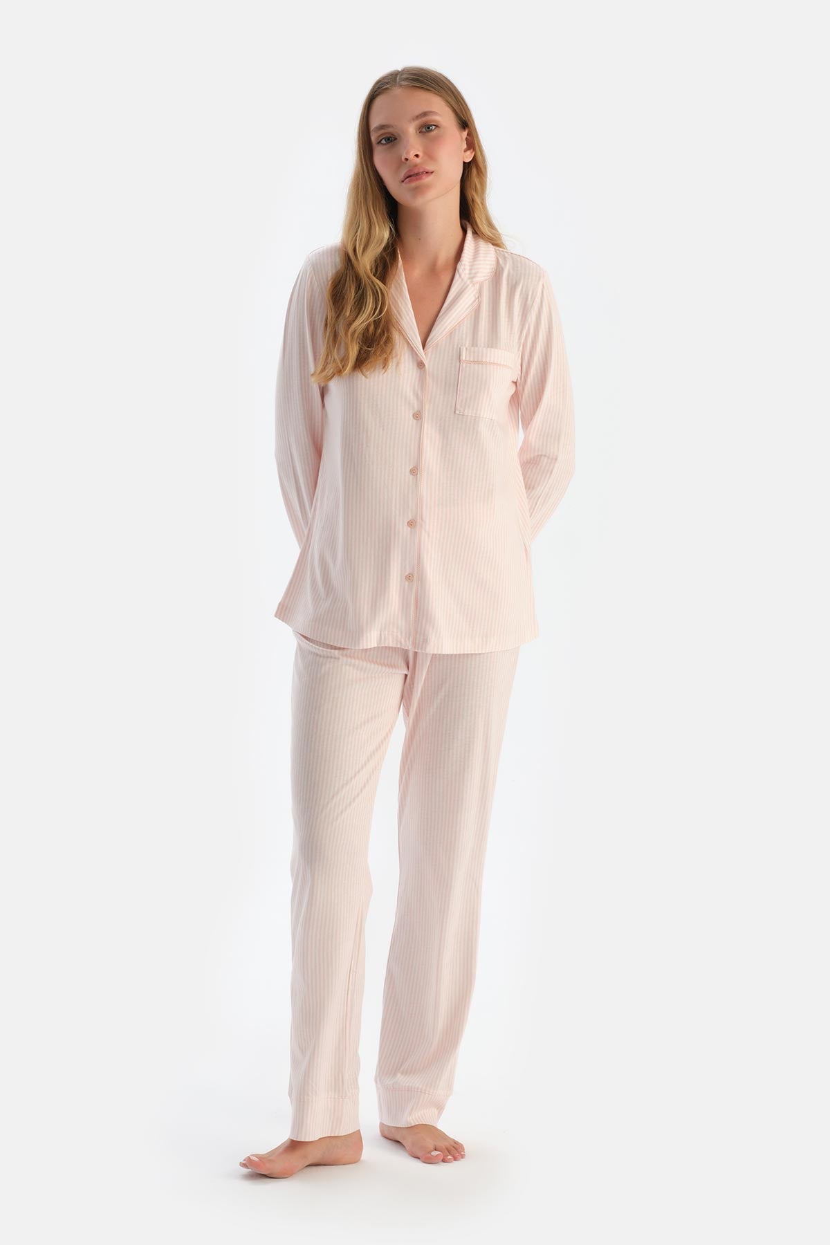 Açık Pembe Çizgili Penye Modal Pijama Takımı
