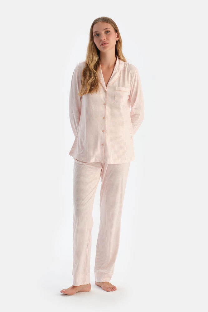 Açık Pembe Çizgili Penye Modal Pijama Takımı