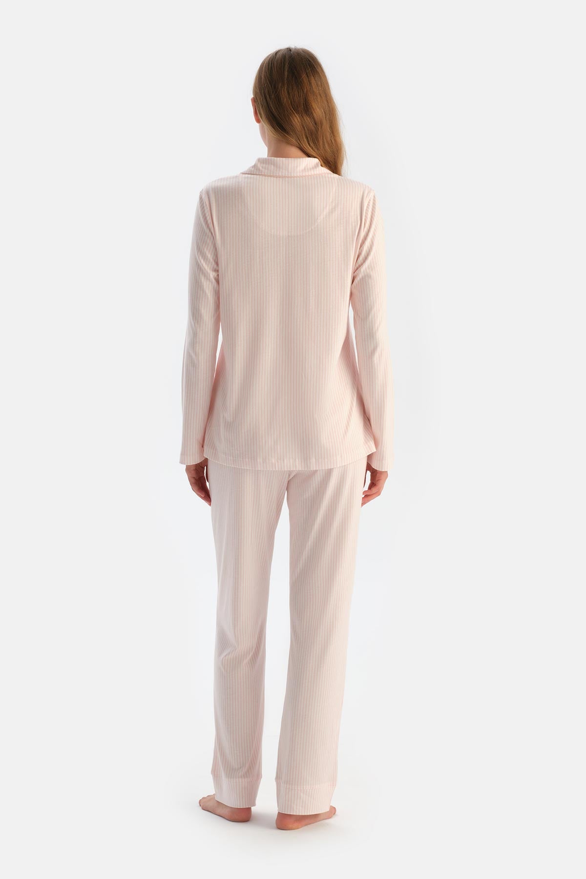 Açık Pembe Çizgili Penye Modal Pijama Takımı