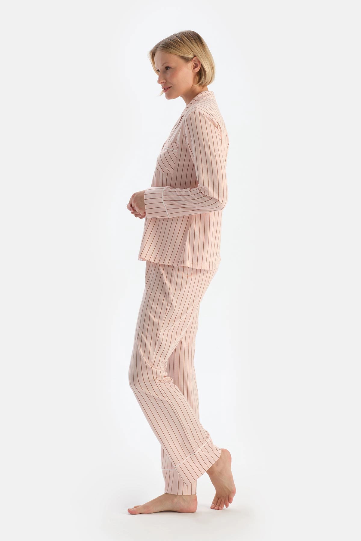 Açık Pembe Çizgili Penye Modal Pijama Takımı