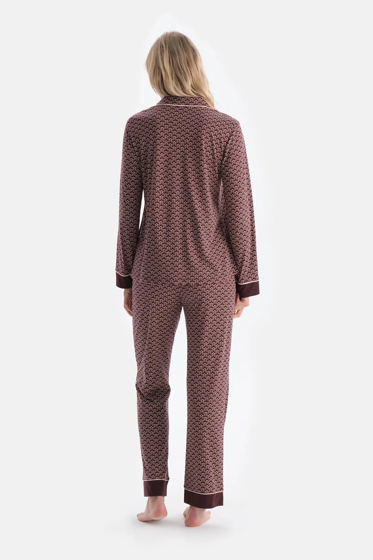 Bordo Geometrik Desenli Penye Modal Gömlek Yaka Pijama Takımı