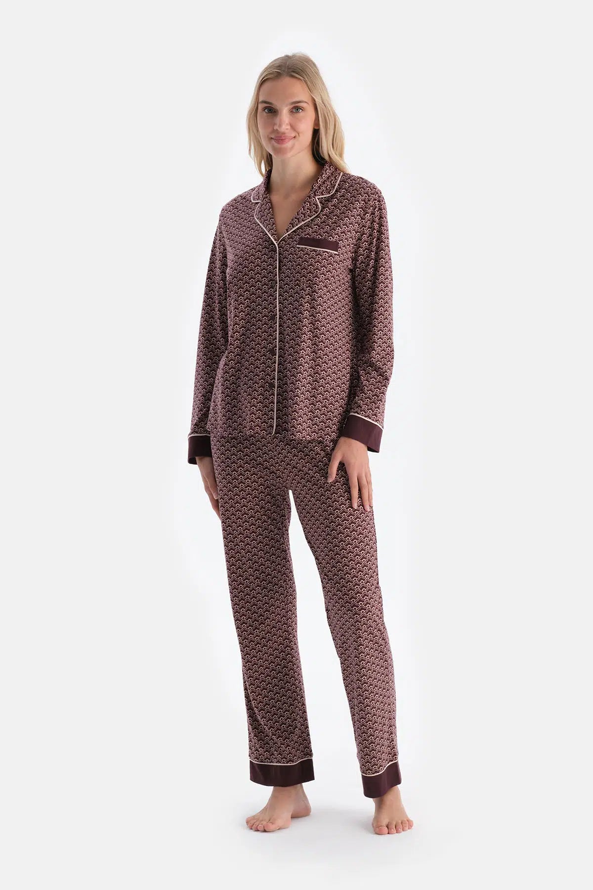 Bordo Geometrik Desenli Penye Modal Gömlek Yaka Pijama Takımı