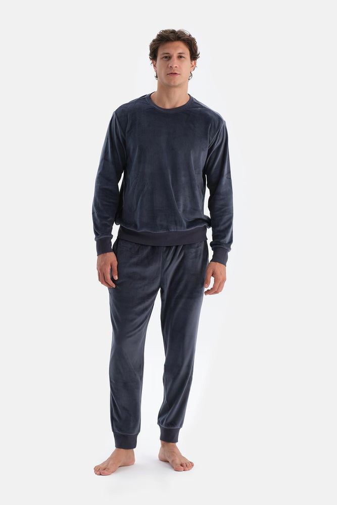 Lacivert Bisiklet Yaka Uzun Kollu Tişört Pantolon Pijama Takımı