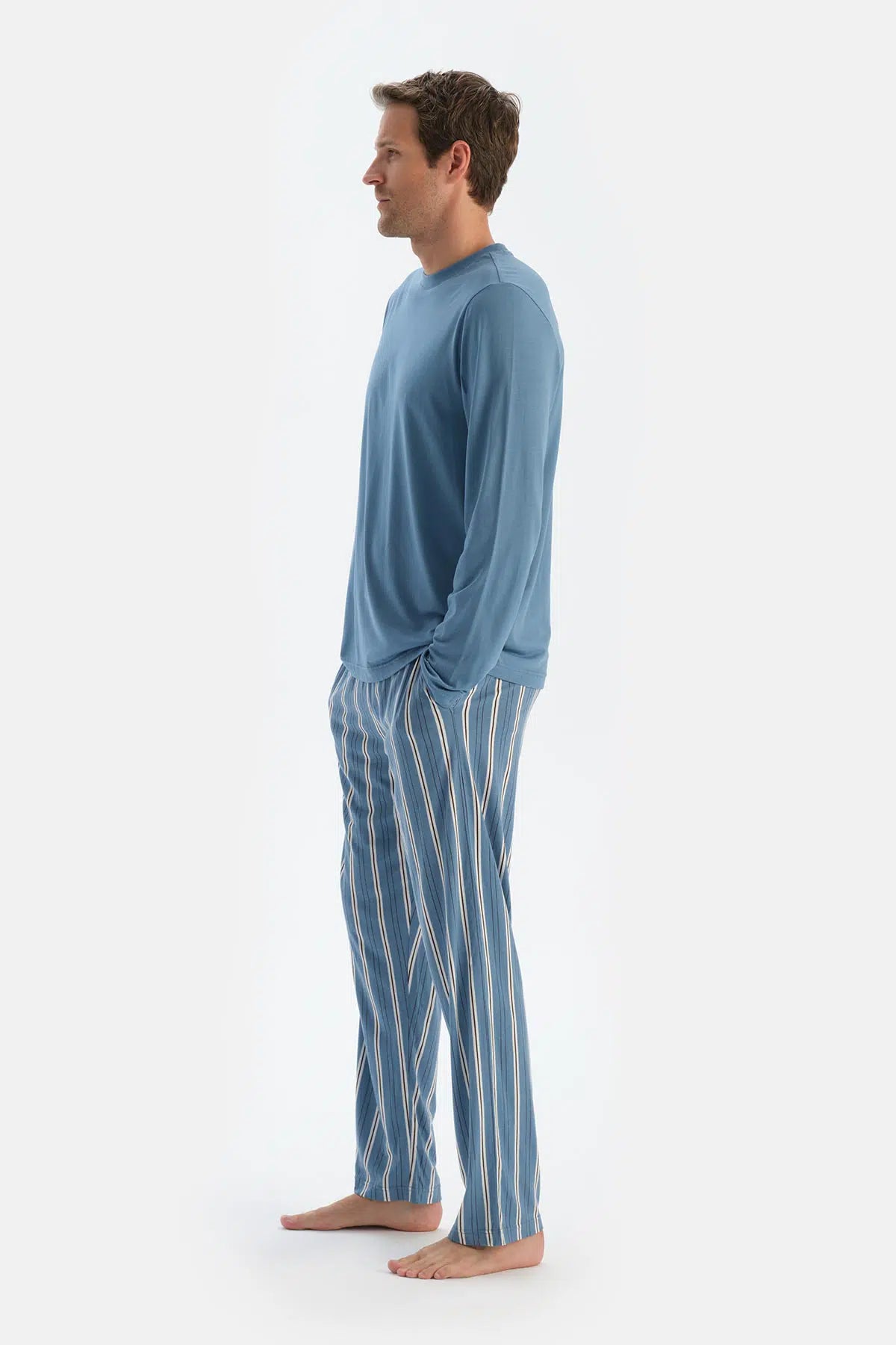 Mavi Bisiklet Yaka Uzun Kollu Tişört Pantolon Pijama Takımıı
