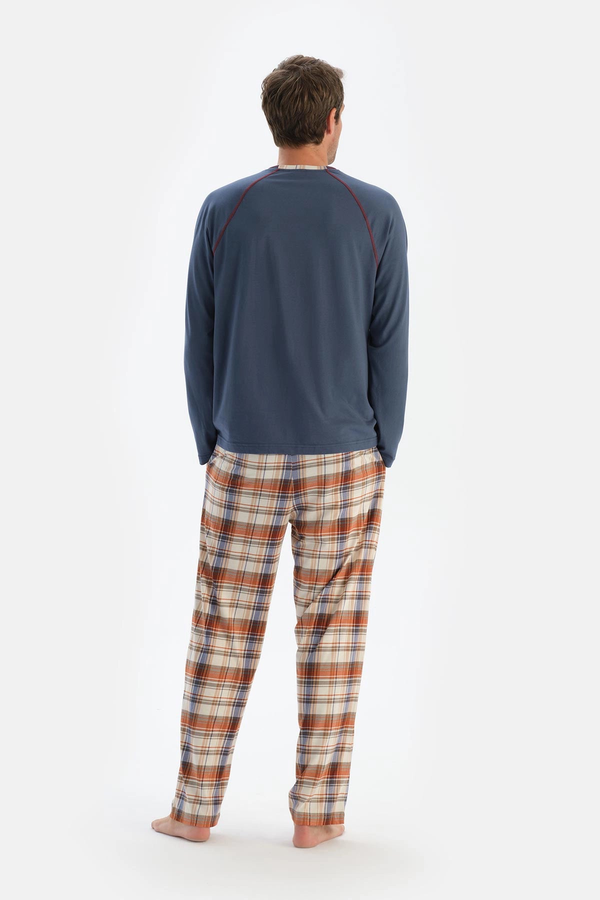 Koyu Mavi Bisiklet Yaka Uzun Kollu Tişört Pantolon Pijama Takımı