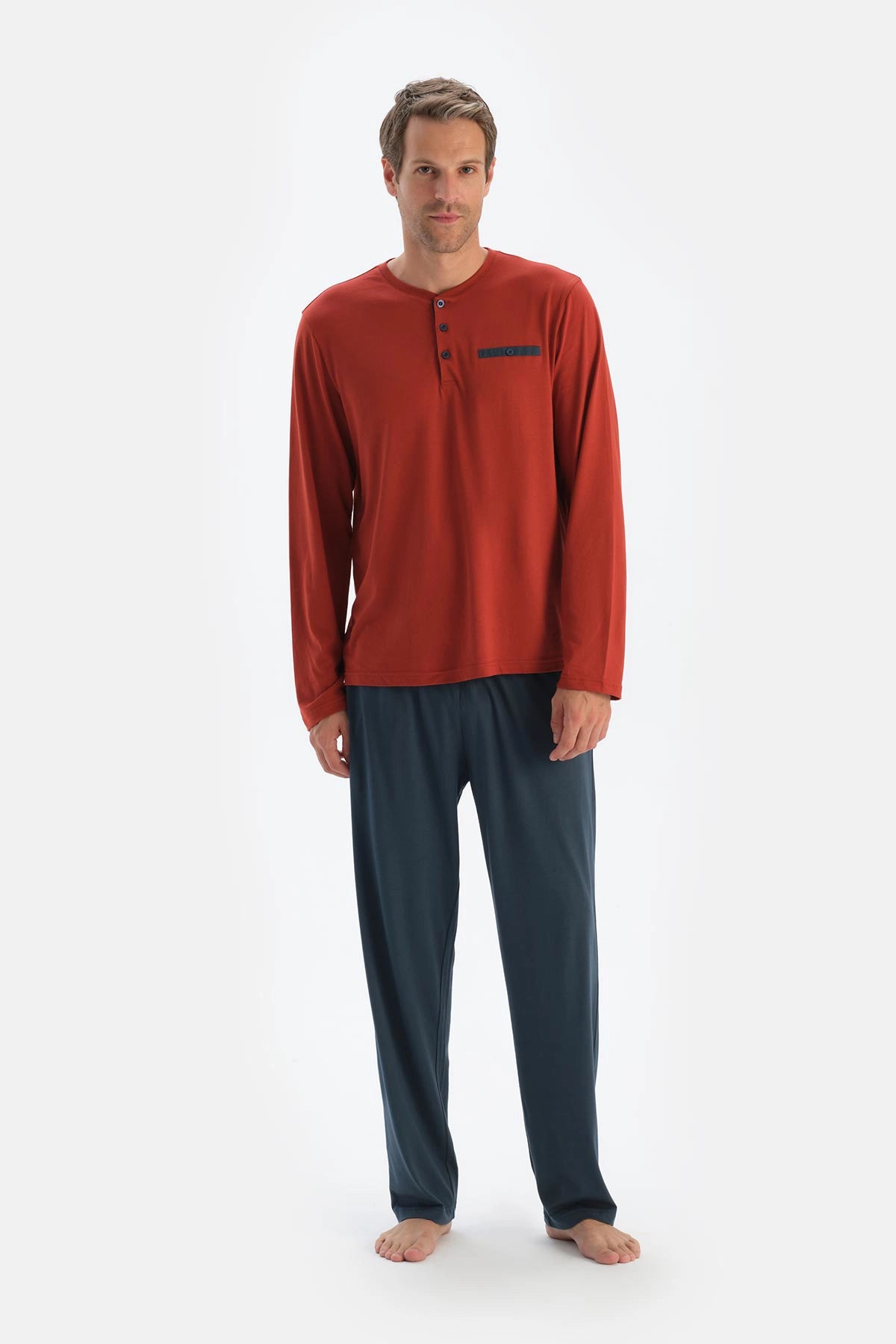 Kırmızı Yarım Patlı Uzun Kollu Penye Modal Tişört Pantolon Pijama Takımı