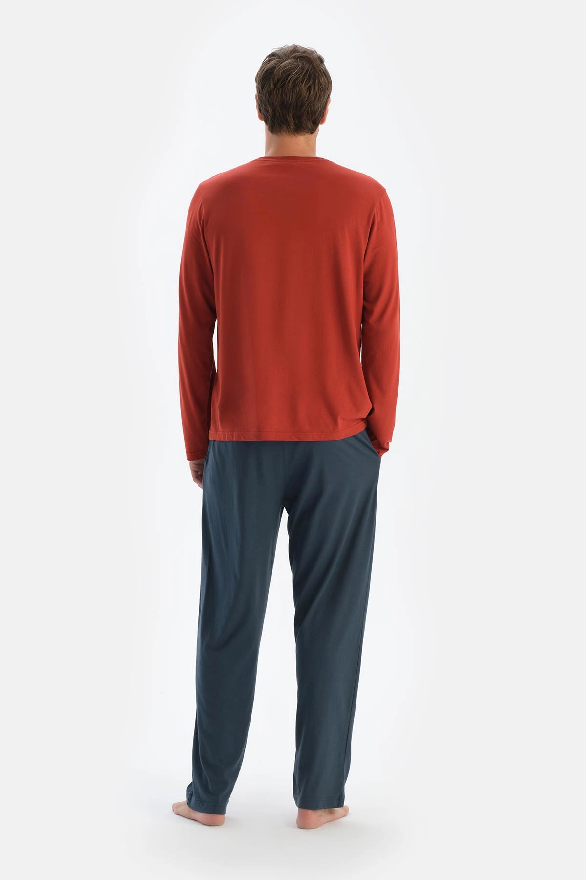 Kırmızı Yarım Patlı Uzun Kollu Penye Modal Tişört Pantolon Pijama Takımı