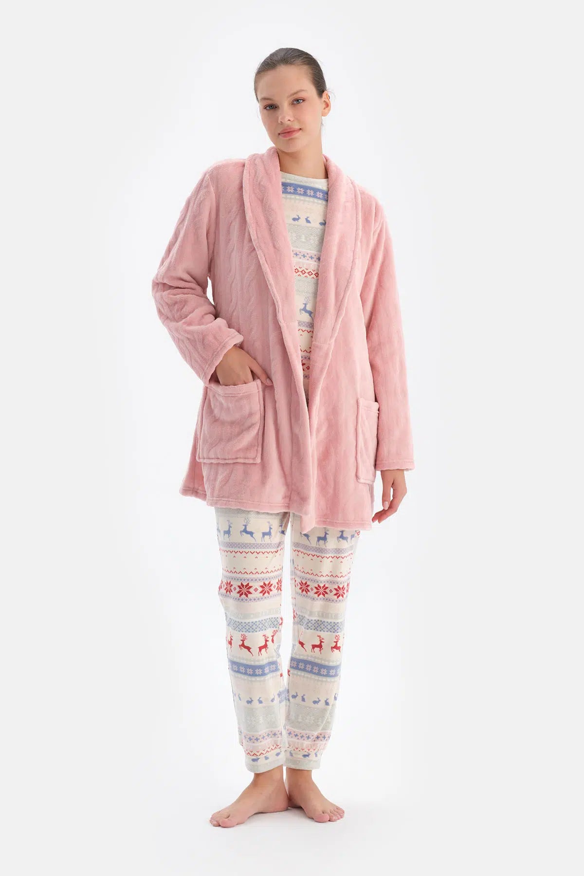 Soft Pembe Soft Örgü Görünümlü Puf Sabahlık