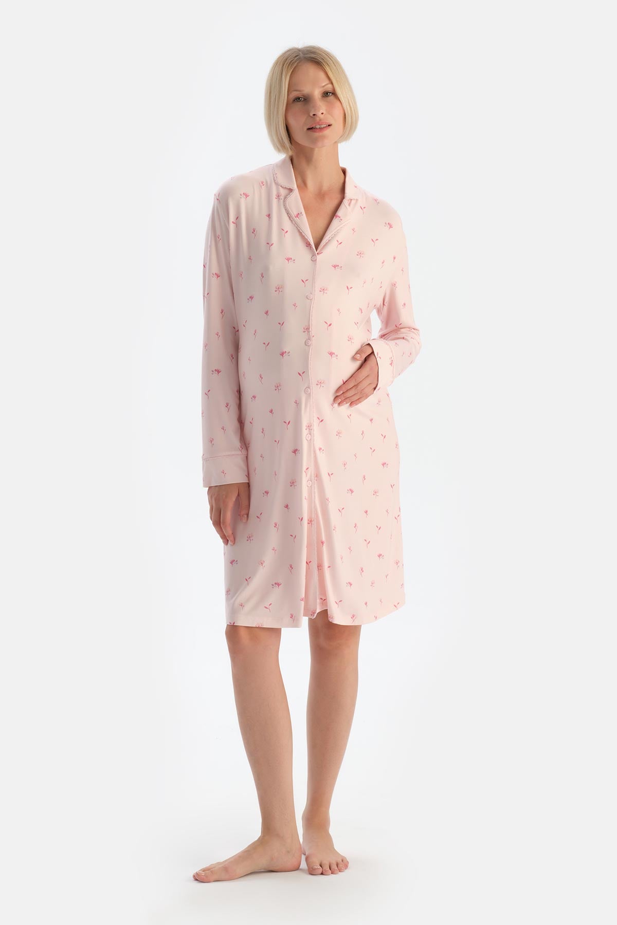 Soft Pembe Soft Penye Modal Çıtır Çiçek Desenli Hamile Gecelik
