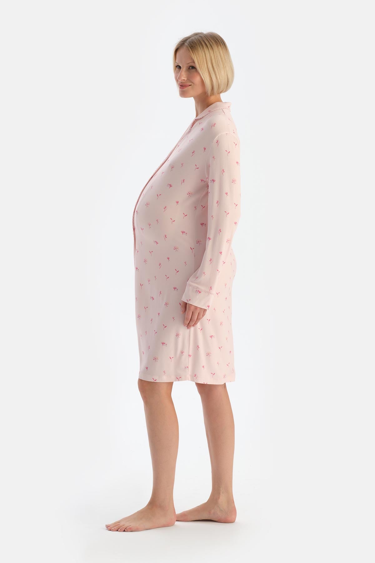 Soft Pembe Soft Penye Modal Çıtır Çiçek Desenli Hamile Gecelik