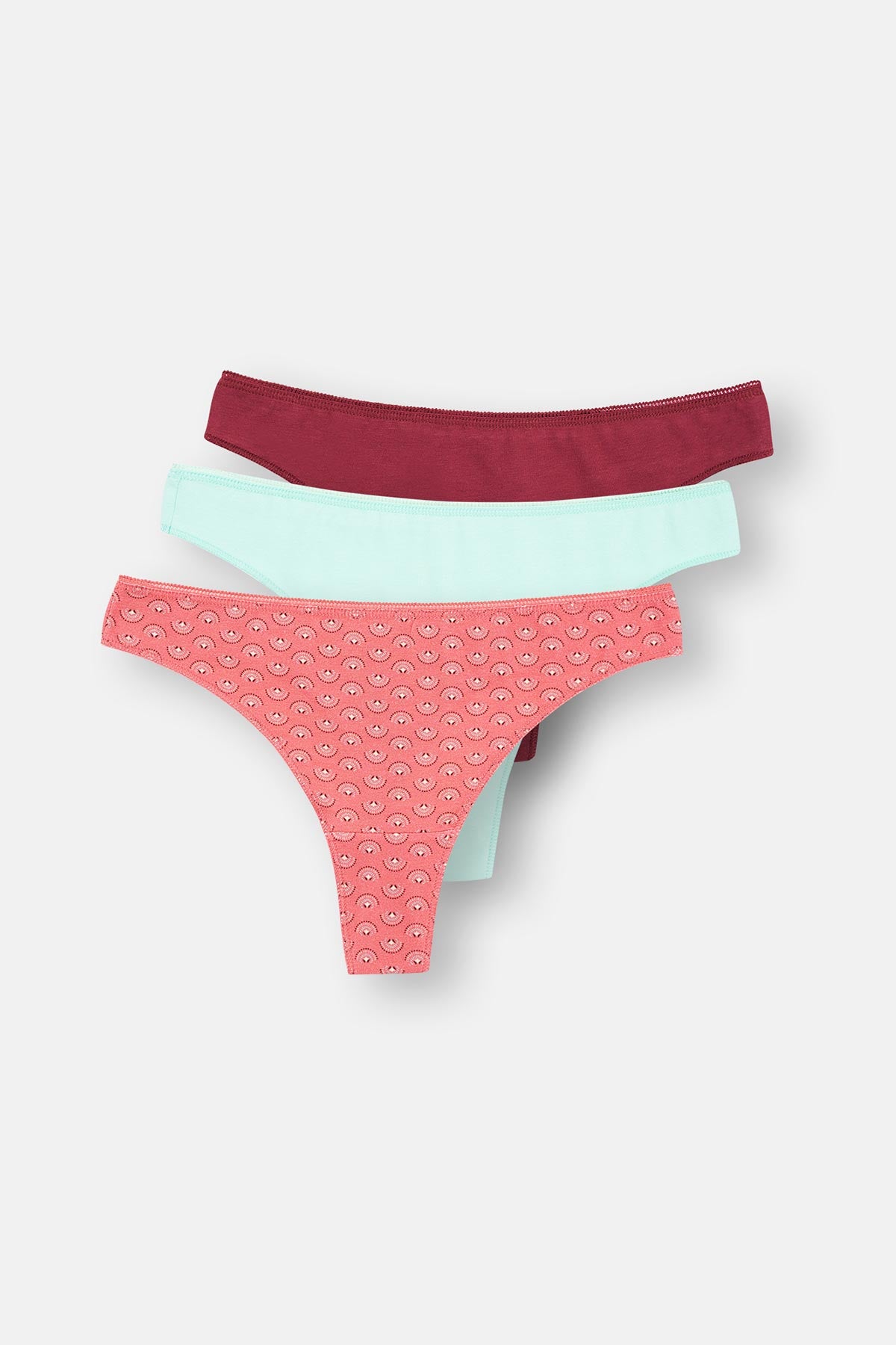 Mürdüm-Pembe-Turkuaz Kadın 3'Lü Desenli Thong Külot